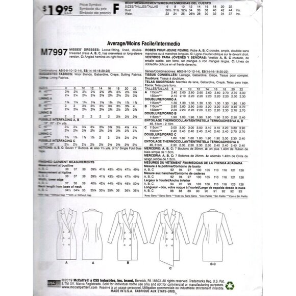 McCall's M7997 Misses 6 to 14 Double Breasted Dress UNCUT Sewing Pattern - Picture 2 of 2